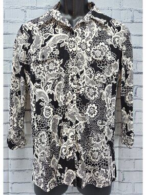 Karl Lagerfeld Paris Womens Black Floral Button-Up Blouse Small